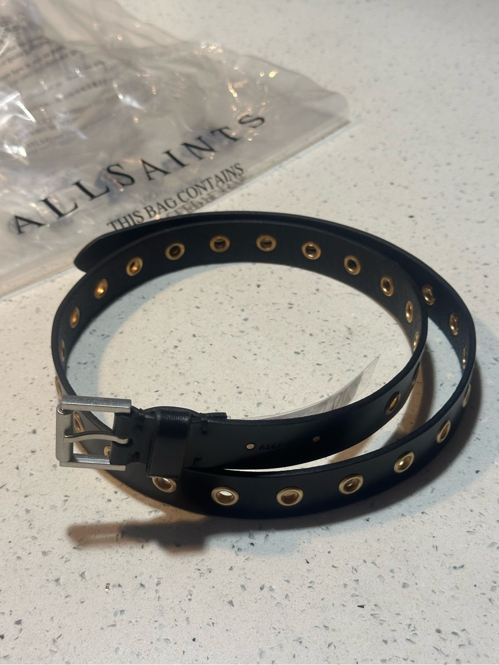 New! AllSaints Black Leather Belt in Black / Antique Nickel NWT